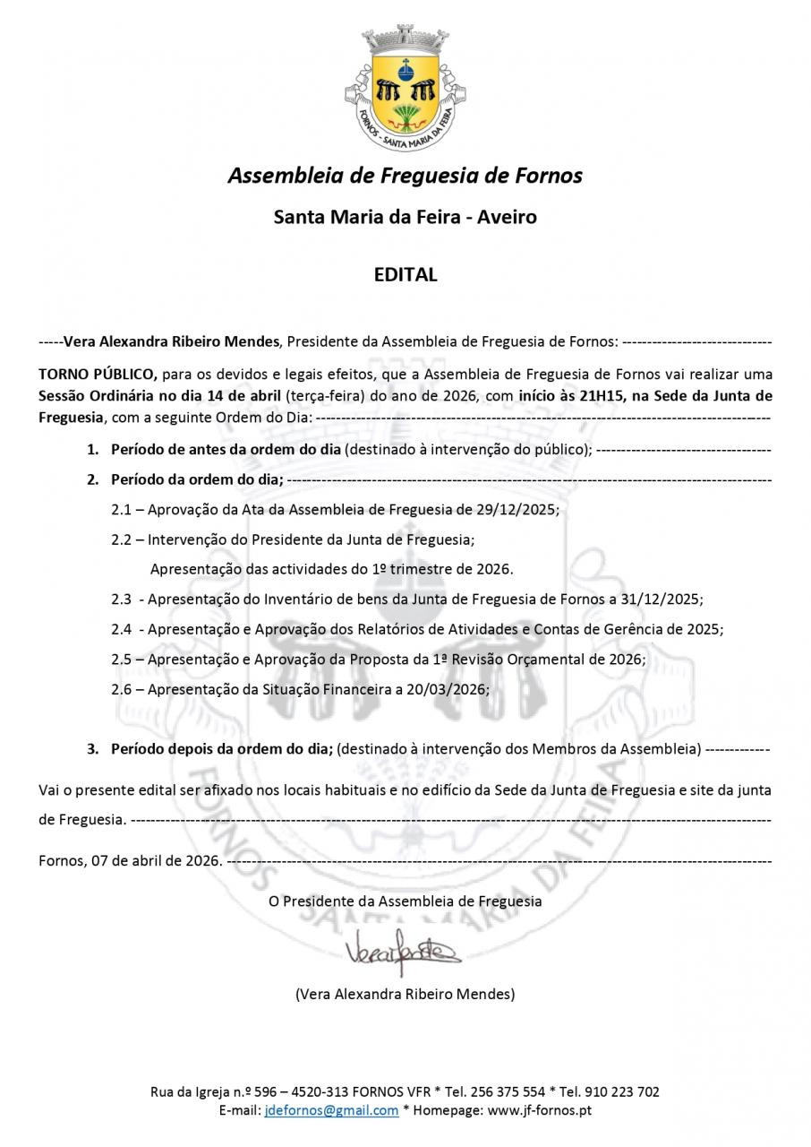 Assembleia ordin&aacute;ria da Junta de Freguesia de Fornos